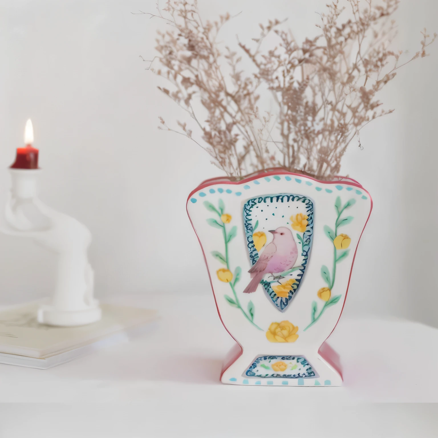 there is a vase with a bird and flowers in it, decorated with patterns, vase, dslr photo of a vase on a table, vase with flowers, inspired by Maksimilijan Vanka, Decorated with Soviet motifs, decorated with opera motifs, i dream of a vase flowers, Inspired by Annabelle Kidson