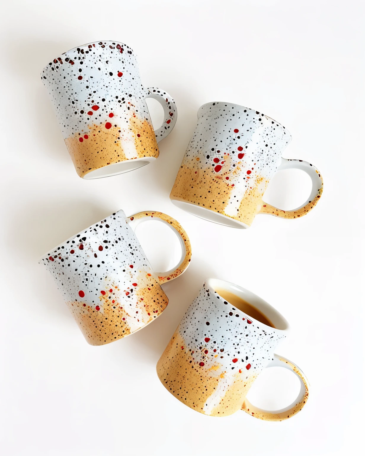 三个带软木手柄的coffee cup和一个软木手柄, speckled, handmade pottery, hand built ceramics, glaze, coffee cup, splash, trending on Ezi, Bright colors，with golden flecks, splashpaint, paint for, paint splash, pottery, some splashed paint, splash paint, Ezi, wood cups, resin and clay art