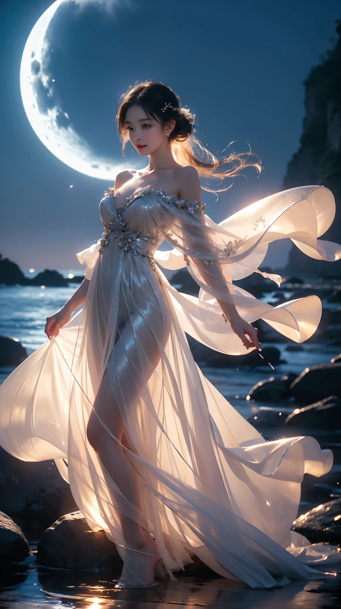 luminescent, (masterpiece, best quality:1.2), 1 girl, alone, ((off shoulder clothes)), ((night)), lantern, candlelight, deep in wonderland，The moonlight falls like water，foggy room，The figure of the heroine is vaguely visible，Just like the fairy in the painting，Slender sexy legs，very nice legs，Show sexy，big breasts，美丽而又带着一丝mystery的色彩。Her face is beautiful and delicate，Like finely carved jade，Showing otherworldly beauty。Picturesque eyebrows，The waves in my eyes are like twinkling stars，Show the light of perseverance and wisdom。The bridge of the nose is straight，Lip color like cherry，The slightly raised corners of the mouth reveal confidence and calmness。her face is chiseled，Skin as fair as jade，Reveal a healthy glow，Just like fairies, She never eats fireworks in this world。Her makeup is light and delicate，Not too much embellishment，But enough to show her temperament and charm。Light-colored foundation brings out the transparency of the skin，A light eyebrow pencil outlines her perfect eyebrow shape，Eye makeup is eye shadow and eyeliner，Make her eyes brighter and more energetic。嘴唇涂上grace的口红，Adds a bit of charm and sophistication。她的衣服grace别致，Clothes fluttering，It seems like it will be blown up by the wind at any time，drifting into the distance。既不失grace，Also showed off her extraordinary skills。Swinging with her movements。Her hair is tied back casually，Secure it with a hosta，A few strands of hair are fluttering gently in the wind，Adds a bit of softness。Her figure is looming in the fairyland，宛如一道big breasts美丽的风景线，Attracted everyone&#39;s concern。She seems to be a fairy in wonderland，big breasts美丽、grace、mystery、and full of power。