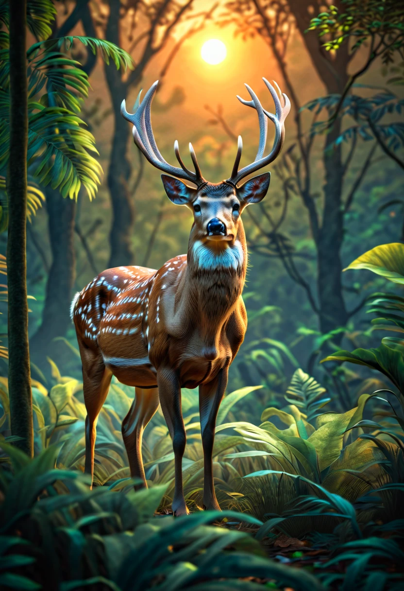 ((male deer:1.5, ultra detailed:1.4, majestic, imposing, elegant, fearsome, among leaves in the middle of the jungle.:1.4),hyperrealistic, epic, ultra, Masterpiece, sunset lighting almost dusk, impeccable landscape, 32k ,