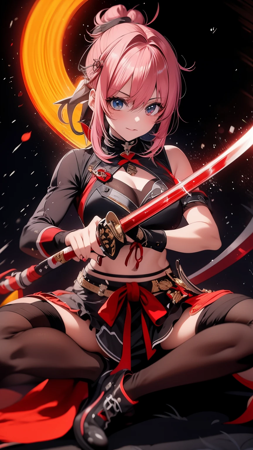 uma mulher com roupa preta segurando uma espada e uma capa vermelha, she is holding a sword katana, estilo anime como destino/Fique durante a noite, estilo anime 4k, she is holding a sword, impacto de ayaka genshin, badass anime 8 k, segurando uma espada no ombro, impacto genshin do jogo ayaka, com espada grande