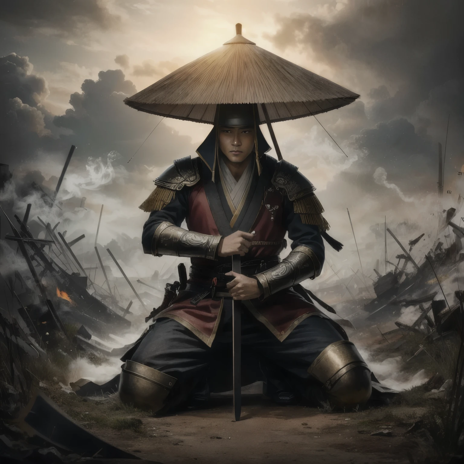 A samurai with his head lowered kneels on one knee in the battlefield，Holding a katana in one hand and inserting it into the ground，Wearing a huge Vietnamese hat to cover your head，The battlefield is filled with smoke and abandoned swords and flags