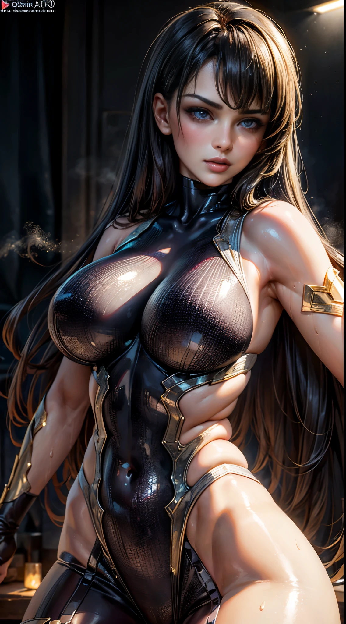  (best quality,4k,8k,highres,masterpiece:1.2),ultra-detailed,(realistic,photorealistic,photo-realistic:1.37),beautiful girl,long straight black hair,fit body,

ultra-detailed armpit,beautiful detailed sweat pores,smooth skin texture,meticulously rendered, pinkish armpit, smelly,

(sleeveless black bodysuit, glowing golden linings), (steamy:1.2), beautiful blue eyes, (seductive face:1.2),

((lightbloom)), volumetric lighting, soft lighting, bokeh.