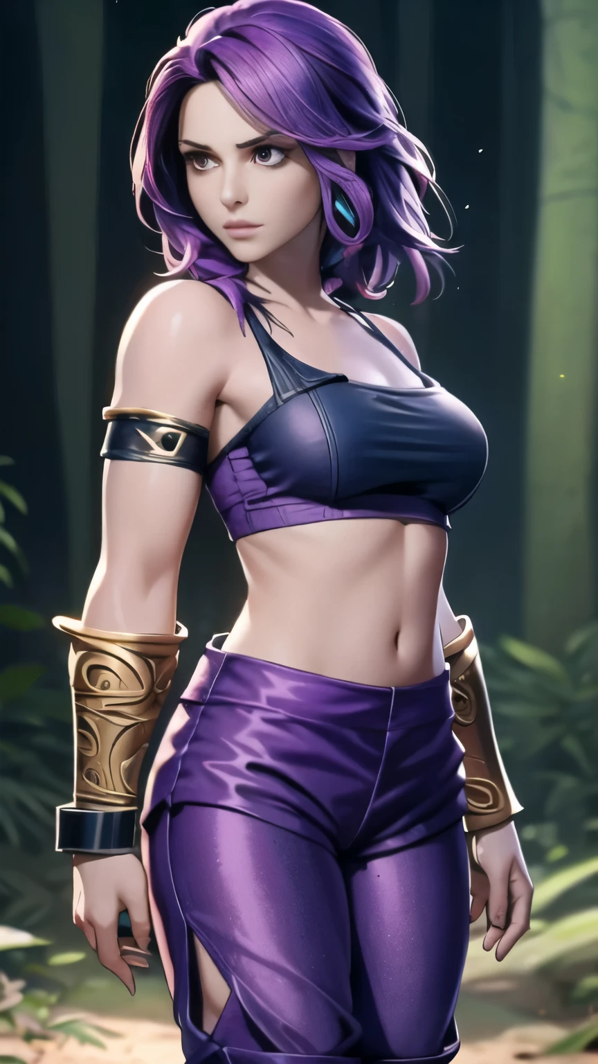 photo of celebrity, RAW, beautiful woman, ((portrait)), ((detailed face, colorful rainbow hair:1.2)), ((detailed facial feature, detailed skin, clear skin, parted lips), (perfect proportioned body, medium breasts), ((wearing tube top, purple pants, bracers, cowboy shot: 1.5)), (high detailed dark forest: 1.3), (realistic photo, best quality, detailed), (8k wallpaper), (cinematic lighting, dramatic lighting) (sharp focus, intricate)
