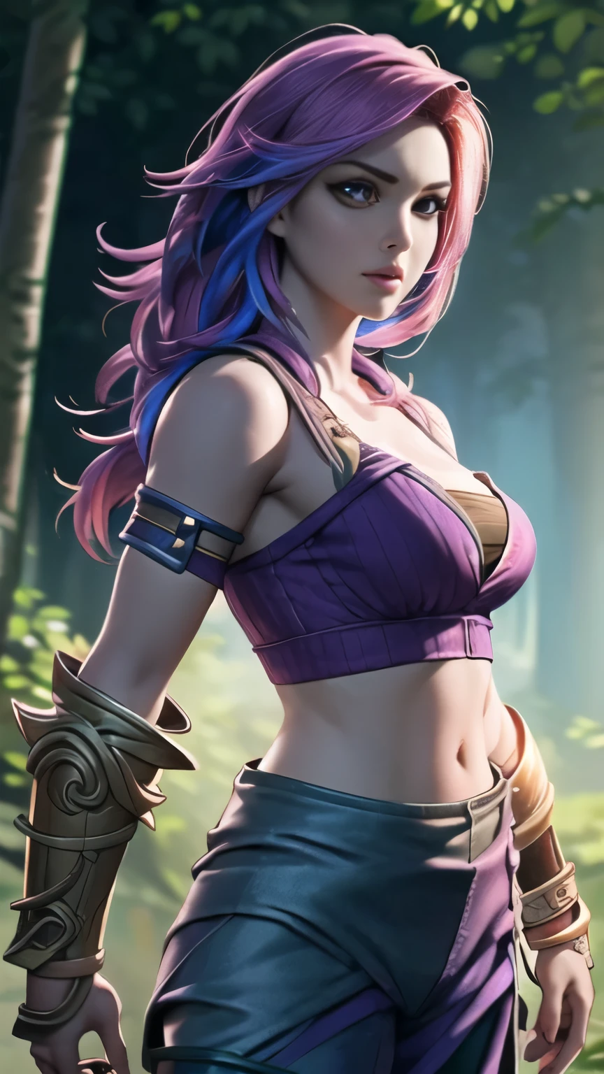 photo of celebrity, RAW, beautiful woman, ((portrait)), ((detailed face, colorful rainbow hair:1.2)), ((detailed facial feature, detailed skin, clear skin, parted lips), (perfect proportioned body, medium breasts), ((wearing tube top, purple pants, bracers, cowboy shot: 1.5)), (high detailed dark forest: 1.3), (realistic photo, best quality, detailed), (8k wallpaper), (cinematic lighting, dramatic lighting) (sharp focus, intricate)