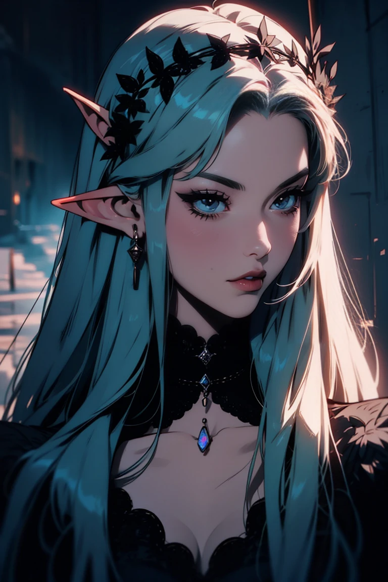 { - anatomy error}(Masterpiece - Ultra-detailed, very high resolution)moonlight, hyper-realistic of a mysterious woman with flowing black hair, ears of elf, piercing opal eyes, and a delicate floral crown, delicate smile, upper body, backwards, looking back, small neck,with chin on shoulder