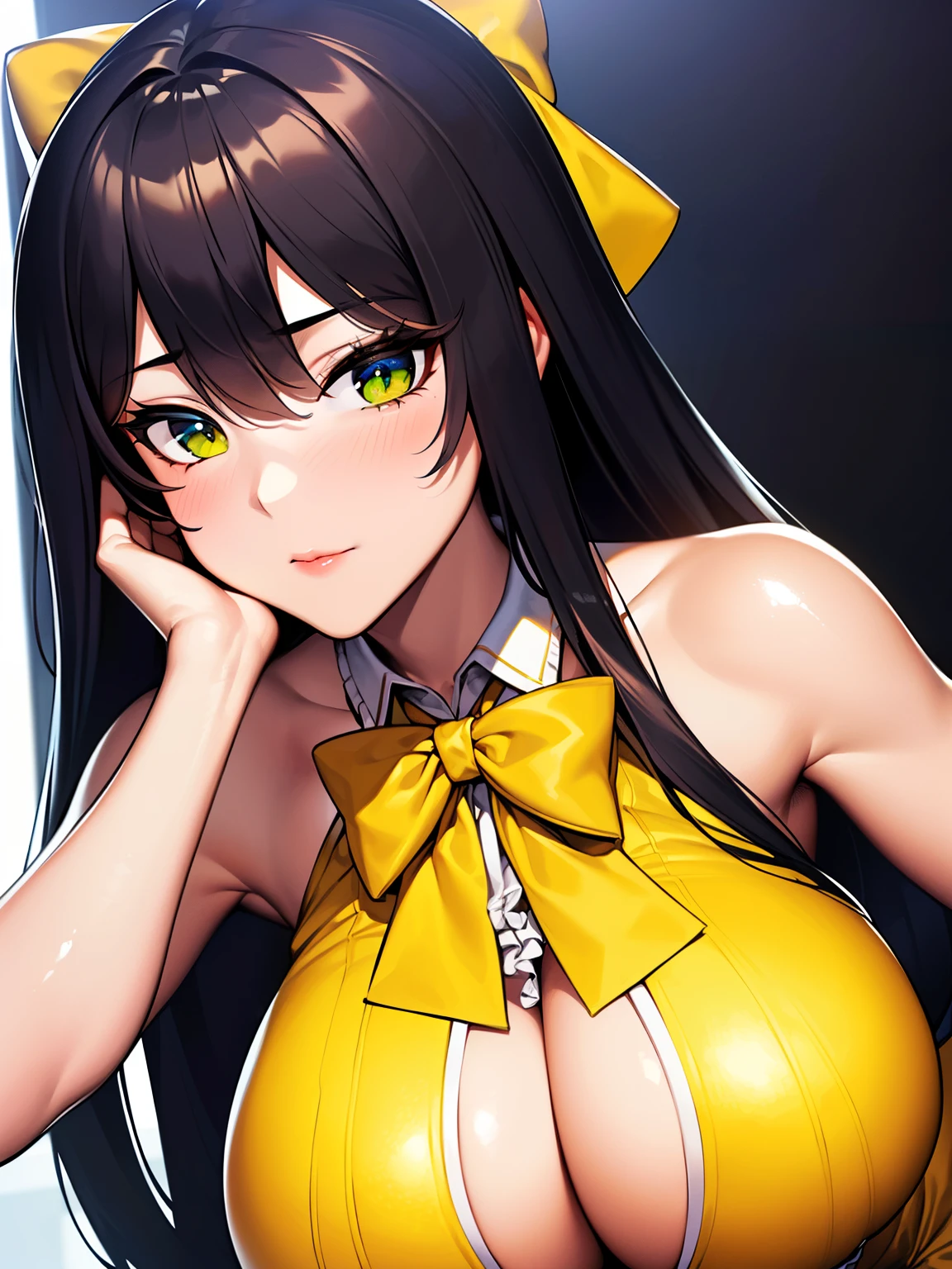 (8K, Best quality, tmasterpiece:1.2),\(eye detailed\),(\(Clothes detail details\)\),full bodyesbian,(huge tit),(Facial focus) ,Very detailed CG unity 8K wallpaper,hugefilesize,ultra - detailed,A high resolution,absurderes,beautidful eyes,Ray traching,dramatic shadow,finely detailled,Dramatic angles,Hyper-detailing,(1 girl:1.3),(Solo),,Mature female,Long hair black,Green eyes,Wearing(cosplaying_magical girl,very cute yellow dress with ruffles,Large Ribbon Bow Tie Back),