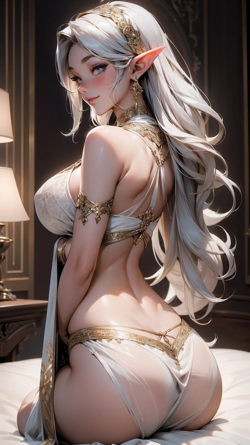 { - anatomy error}(Masterpiece - Ultra-detailed, very high resolution) sexy elf young belly dancer, very big breasts, white dress, sexy see-through underwear with lace, Beautuful Women, happy face, gray hair, sitting on the bed, on your back looking naughty, looking back, with chin on shoulder ,1 girl