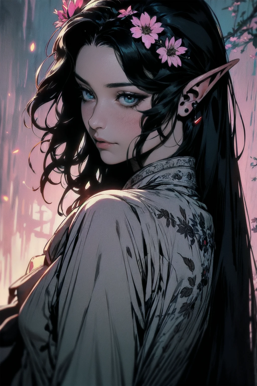 { - anatomy error}(Masterpiece - Ultra-detailed, very high resolution)moonlight, hyper-realistic of a mysterious woman with flowing black hair, ears of elf, piercing opal eyes, and a delicate floral crown, delicate smile, upper body, backwards, looking back, with chin on shoulder