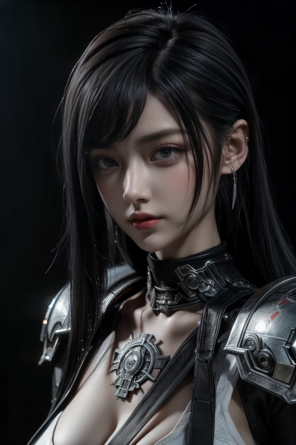 Masterpiece,Game art,The best picture quality,Highest resolution,8K,(Portrait),Unreal Engine 5 rendering works,(Digital Photography),((Portrait Feature:1.5)),
20 year old girl,Short hair details,With long bangs,(The red eye makeup is very meticulous),(With long gray hair:1.4),(Large, full breasts),Elegant and noble,Brave and charming,
(Future armor combined with the characteristics of ancient Chinese armor,Hollow design,Power Armor,The mysterious Eastern runes,A delicate dress pattern,A flash of magic,White),Warrior of the future,Cyberpunk figures,Background of war,
Movie lights,Ray tracing,Game CG,((3D Unreal Engine)),OC rendering reflection pattern