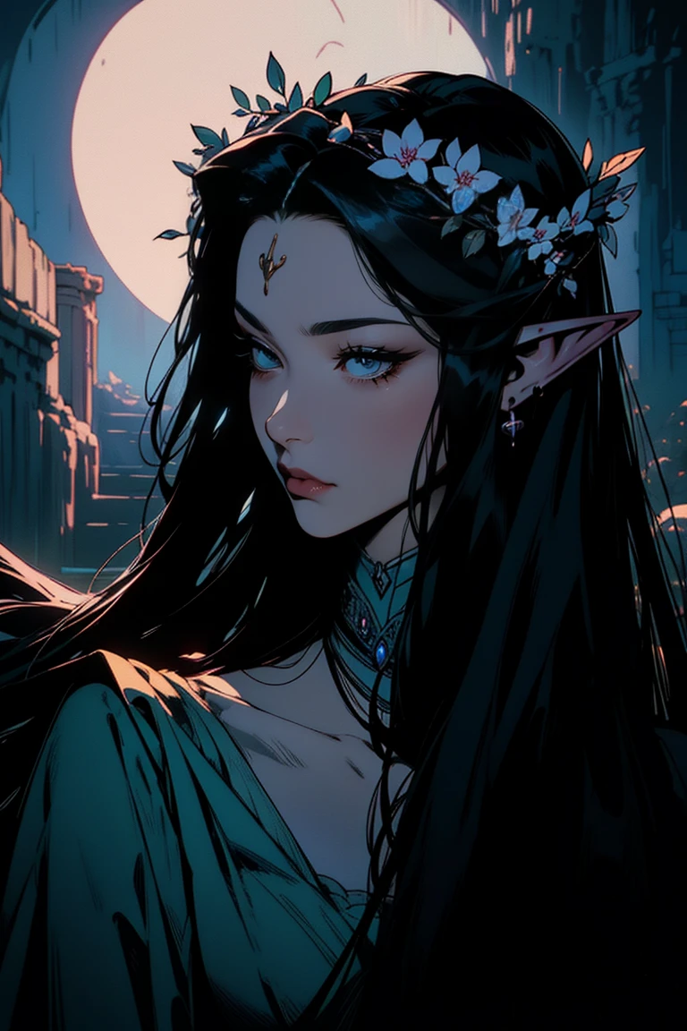 { - anatomy error}(Masterpiece - Ultra-detailed, very high resolution)moonlight, hyper-realistic of a mysterious woman with flowing black hair, ears of elf, piercing opal eyes, and a delicate floral crown, delicate smile, upper body, backwards, looking back,with chin on shoulder