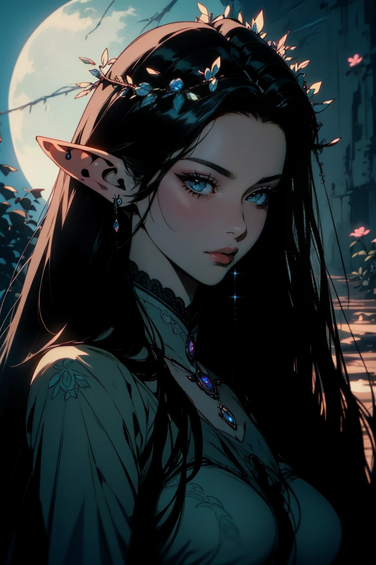 { - anatomy error}(Masterpiece - Ultra-detailed, very high resolution)moonlight, hyper-realistic of a mysterious woman with flowing black hair, ears of elf, piercing opal eyes, and a delicate floral crown, delicate smile, upper body, backwards, looking back,with chin on shoulder