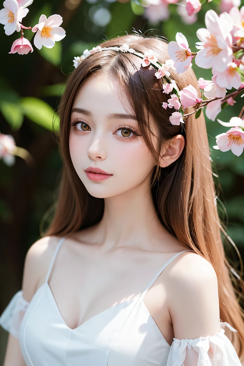 8K, Top quality, Intricate details, Ultra detail, ultra high resolution, Masterpiece, Random angles, Slender, Smile, Delicate pale pink lips, Pale-skinned Persian girl, Beautiful pale makeup, Petals, Natural soft pale skin, Beautiful feminine face, Cherry blossom background, Cinematic beautiful natural skin, Nature goddess, Blossoms, Portrait of Sophie Mudd, Hana Yata, Monia Merlo, Livia Prima, Aykut Aydogdu-inspired artwork