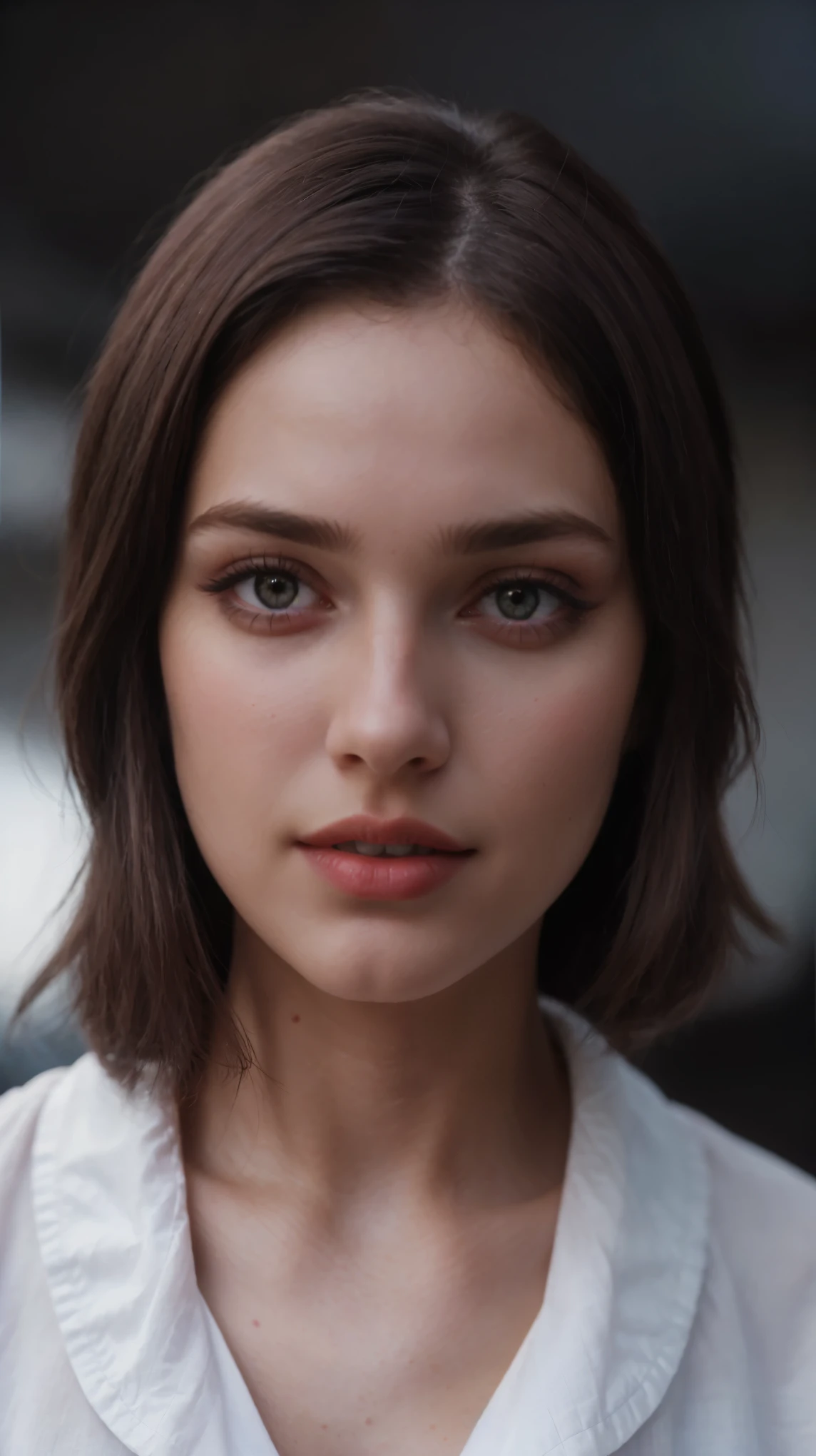 Boycut brown shining hair, (RAW photo), (realism: 1.8), (gloss red lipstick, many eyelashes, dark black eye shadow, shy, blushing, high quality, high resolution, depth of field, chromatic aberration, caustic, wide light, dark pink fair glossy skin, (21 year old woman), stylish college girl, white shirt-blue jeans, lots of exposure, pose, visible 8k resolutions,magical 