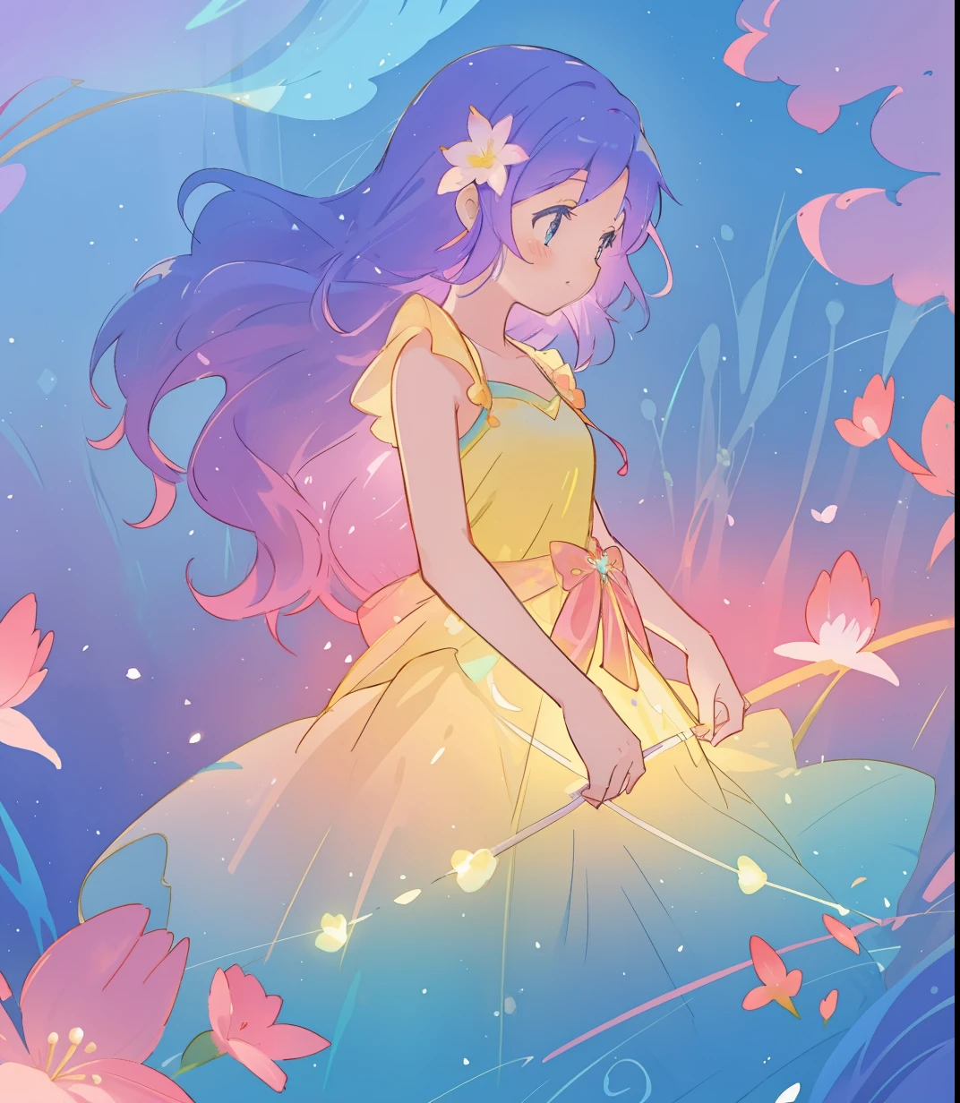 beautiful girl in yellow mint gradient flowing dress, long flowing blue purple hair, colorful fantasia background, watercolor illustration, disney art style, glowing aura around her, glowing lights, beautiful digital illustration, fantasia otherworldly landscape plants flowers, beautiful, masterpiece, best quality, anime disney style