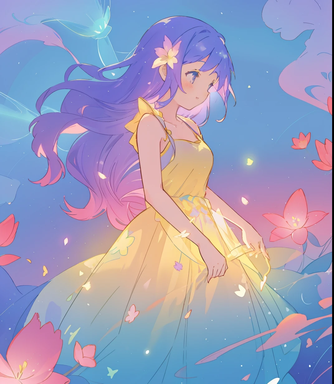 beautiful girl in yellow mint gradient flowing dress, long flowing blue purple hair, colorful fantasia background, watercolor illustration, disney art style, glowing aura around her, glowing lights, beautiful digital illustration, fantasia otherworldly landscape plants flowers, beautiful, masterpiece, best quality, anime disney style