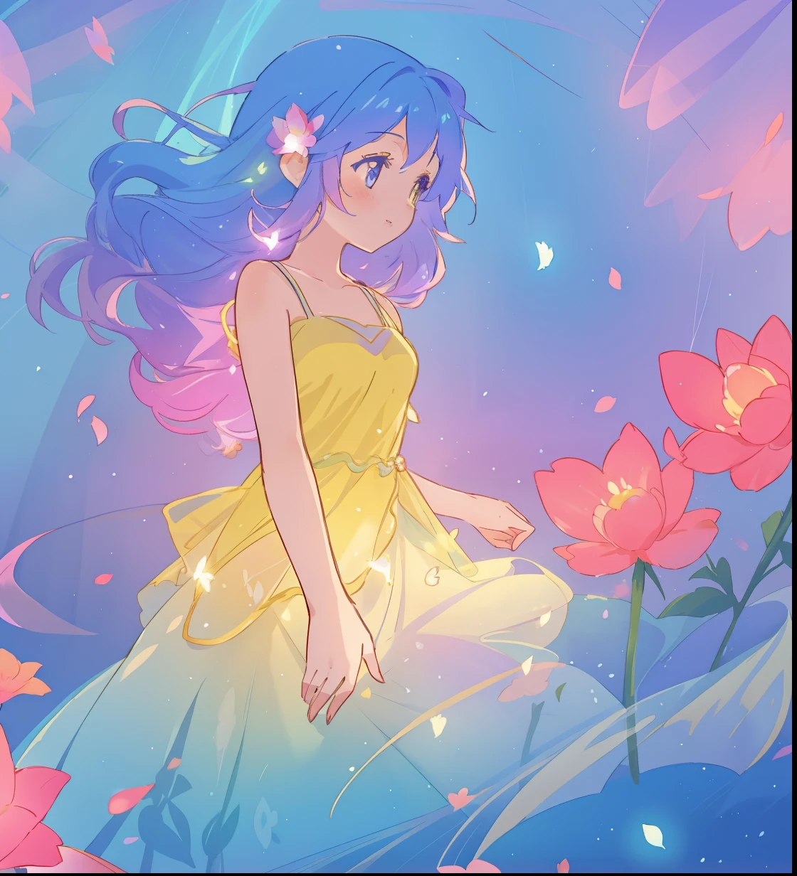 beautiful girl in yellow mint gradient flowing dress, long flowing blue purple hair, colorful fantasia background, watercolor illustration, disney art style, glowing aura around her, glowing lights, beautiful digital illustration, fantasia otherworldly landscape plants flowers, beautiful, masterpiece, best quality, anime disney style