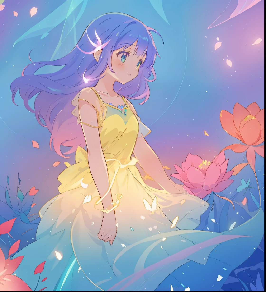 beautiful girl in yellow mint gradient flowing dress, long flowing blue purple hair, colorful fantasia background, watercolor illustration, disney art style, glowing aura around her, glowing lights, beautiful digital illustration, fantasia otherworldly landscape plants flowers, beautiful, masterpiece, best quality, anime disney style