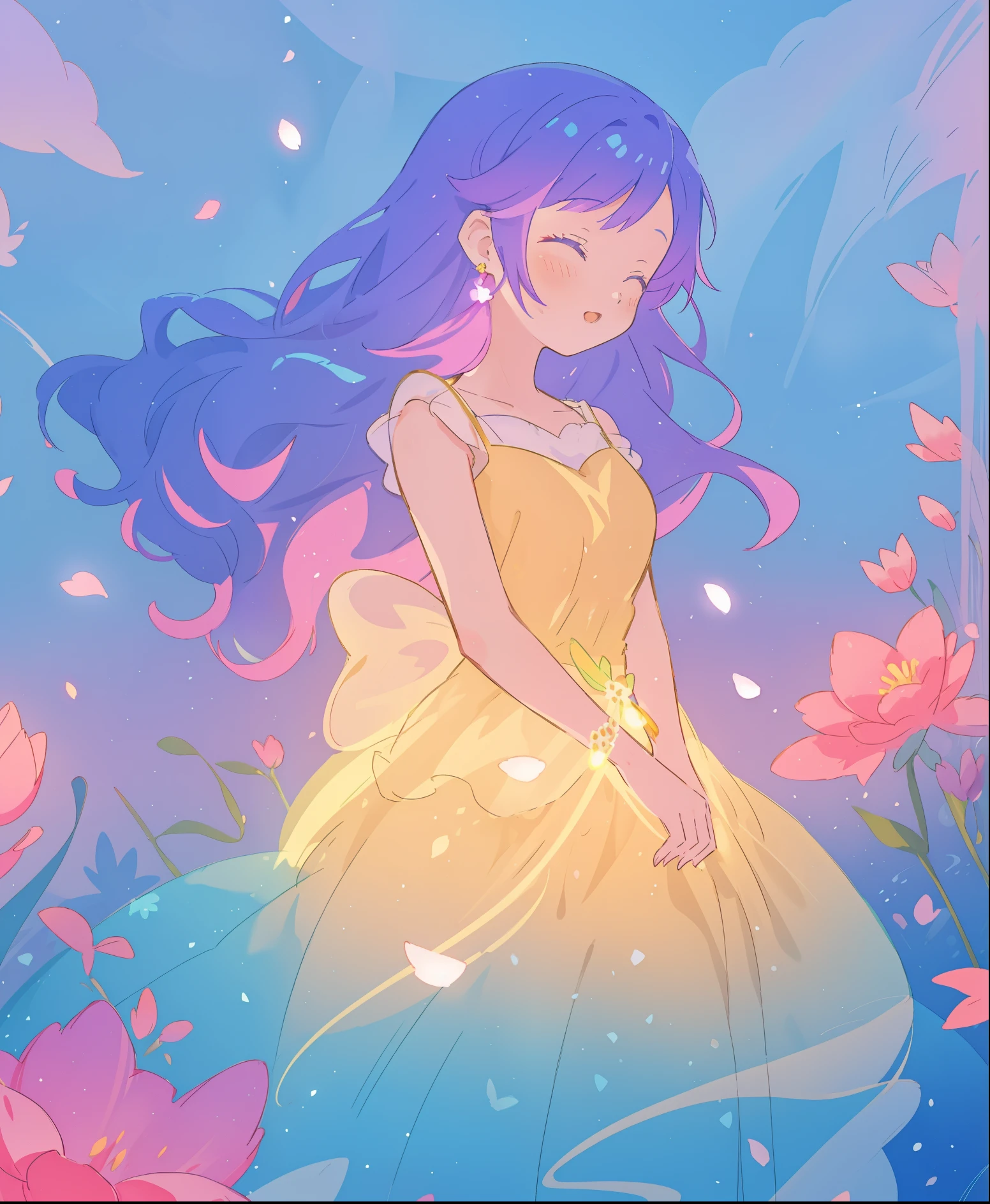 beautiful girl in yellow mint gradient flowing dress, long flowing blue purple hair, colorful fantasia background, watercolor illustration, disney art style, glowing aura around her, glowing lights, beautiful digital illustration, fantasia otherworldly landscape plants flowers, beautiful, masterpiece, best quality, anime disney style