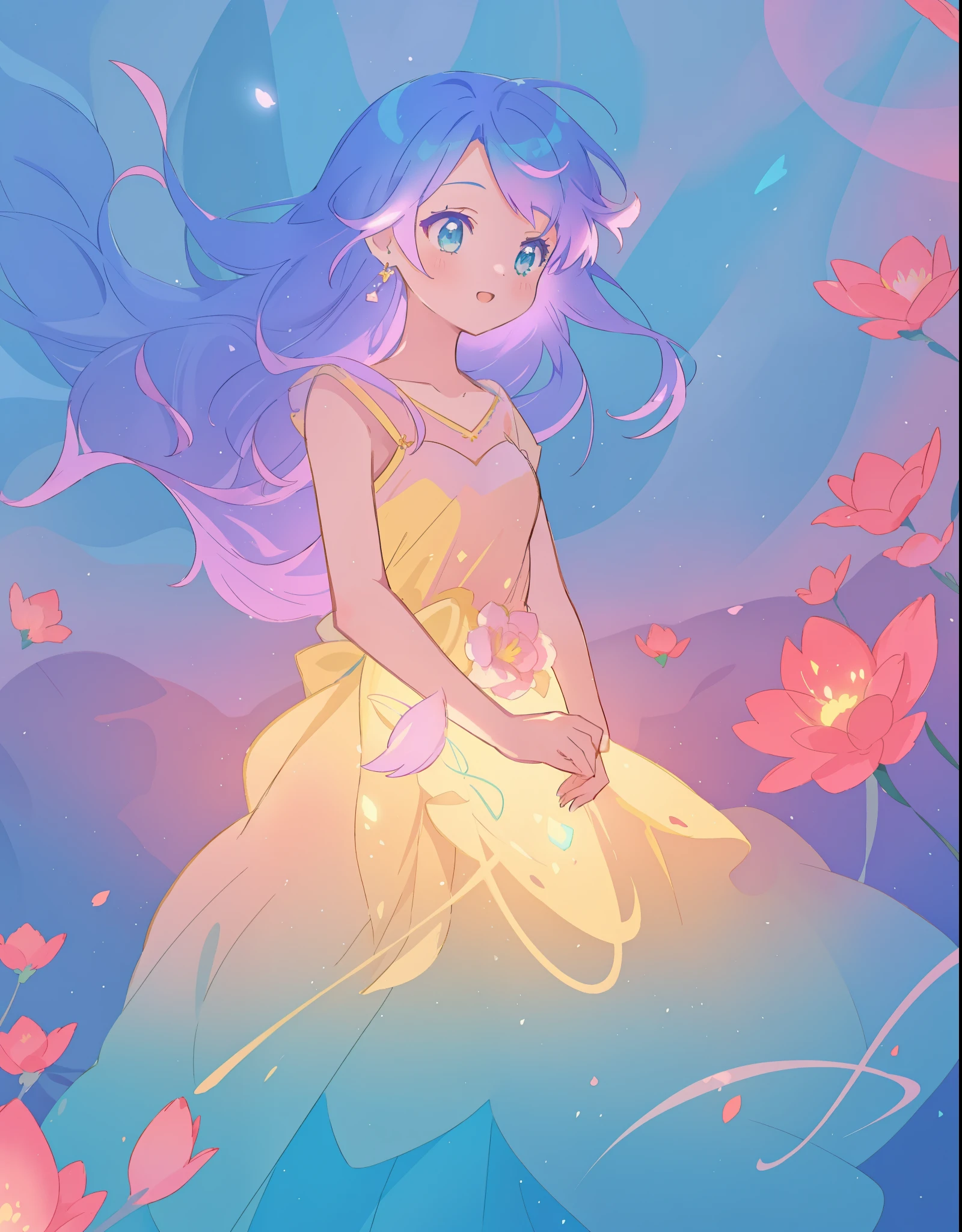 beautiful girl in yellow mint gradient flowing dress, long flowing blue purple hair, colorful fantasia background, watercolor illustration, disney art style, glowing aura around her, glowing lights, beautiful digital illustration, fantasia otherworldly landscape plants flowers, beautiful, masterpiece, best quality, anime disney style