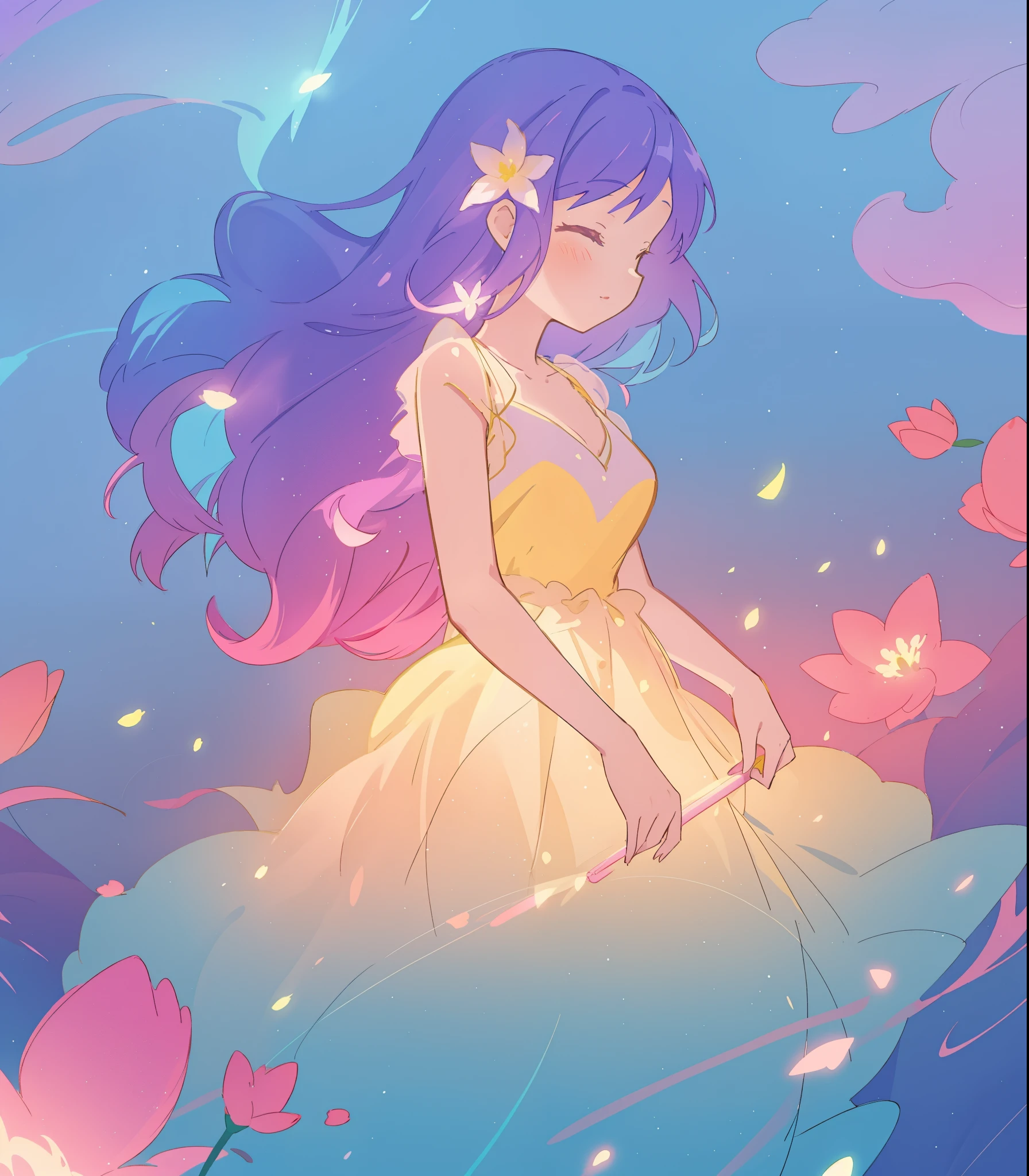 beautiful girl in yellow mint gradient flowing dress, long flowing blue purple hair, colorful fantasia background, watercolor illustration, disney art style, glowing aura around her, glowing lights, beautiful digital illustration, fantasia otherworldly landscape plants flowers, beautiful, masterpiece, best quality, anime disney style