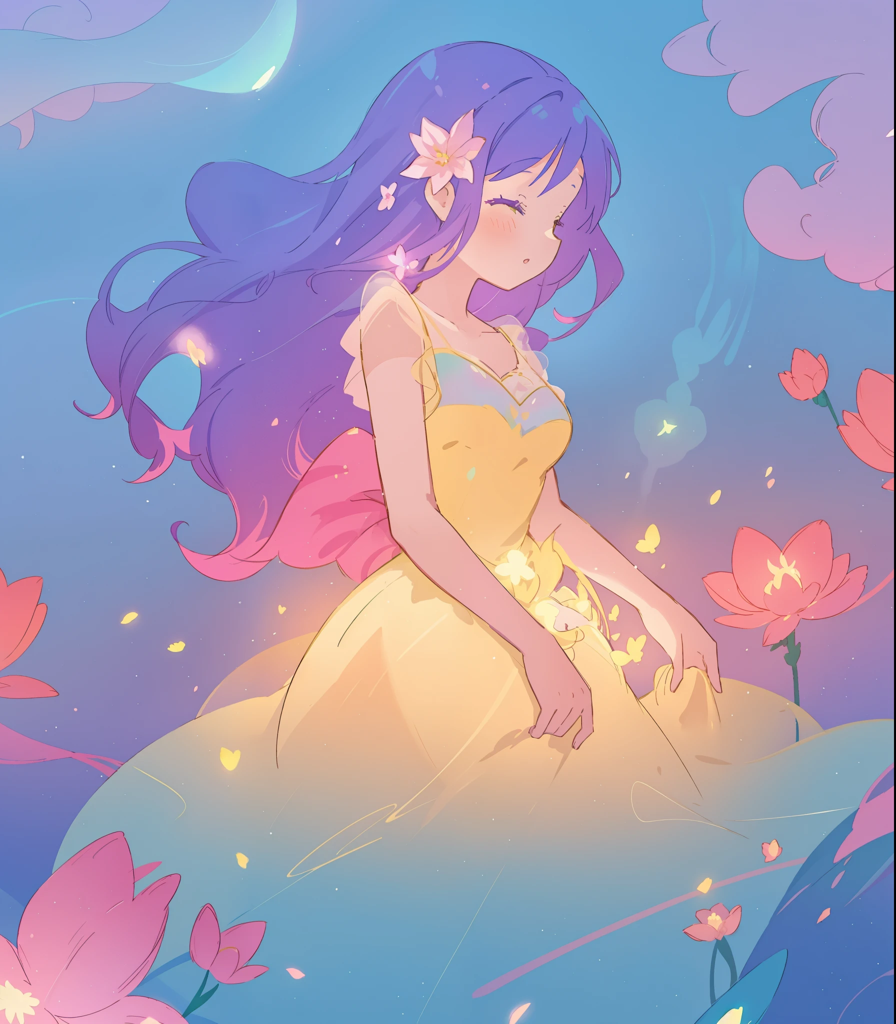 beautiful girl in yellow mint gradient flowing dress, long flowing blue purple hair, colorful fantasia background, watercolor illustration, disney art style, glowing aura around her, glowing lights, beautiful digital illustration, fantasia otherworldly landscape plants flowers, beautiful, masterpiece, best quality, anime disney style