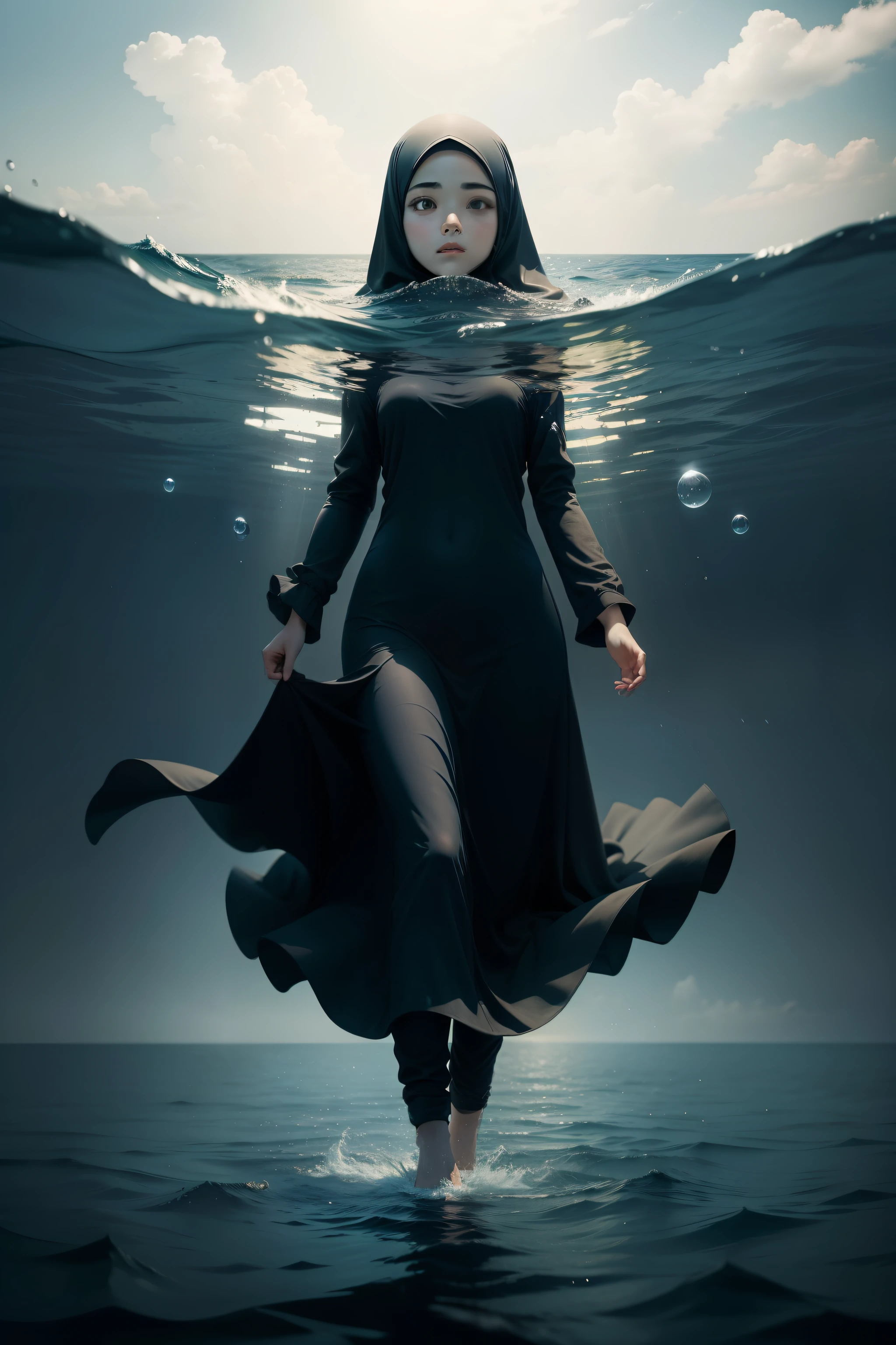 1girl, hijab girl, full longdress, Sinking and floating on the surface of the sea