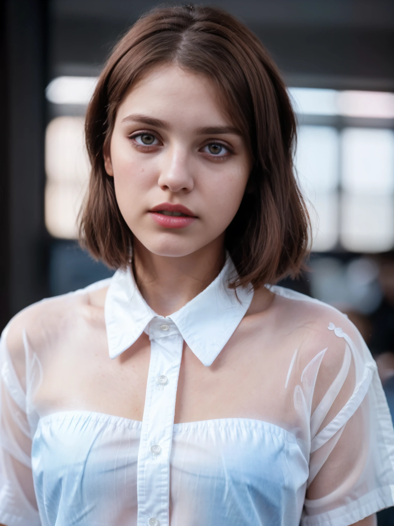 Boycut brown shining hair, (RAW photo), (realism: 1.8), (gloss red lipstick, many eyelashes, dark black eye shadow, sad, tears, high quality, high resolution, depth of field, chromatic aberration, caustic, wide light, dark pink fair glossy skin, (21 year old woman), stylish college girl, white shirt-blue jeans, lots of exposure, visible 8k resolutions, angle wings