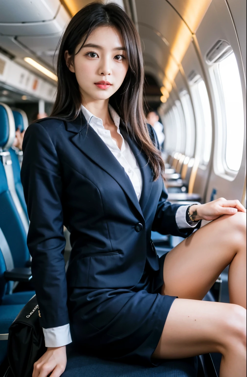 ((flight attendant uniform))、22-year-old female, original shooting, (realism: 1.8, actual), HD CG integrated 8K wallpaper, a girl, (Headquarters skin: 1.8, skin shiny)), 8K Ultra HD, DSLR cameras, soft light, high quality, film grain, Fuji XT3, (whole body: 1.5) 、full、muscular,  japanese women, 足首からwhole bodyまで, Shooting from the feet up, Height 160 cm, Weight 50kg, Sober and busy