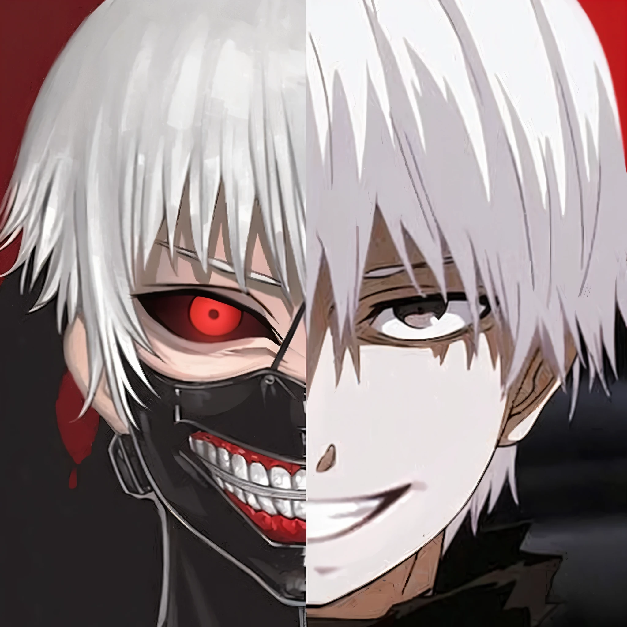 8K,SD 2.5，comics，Japanese comics《Tokyo Ghoul》Protagonist Kaneki Ken，Handsome man with white hair，One side of face is cold，One side of the face is darkened，Wears a black half-mask，red pupils，evil smile，handsome face，close up，full painting style，Two dimensions，fine face，Original picture，