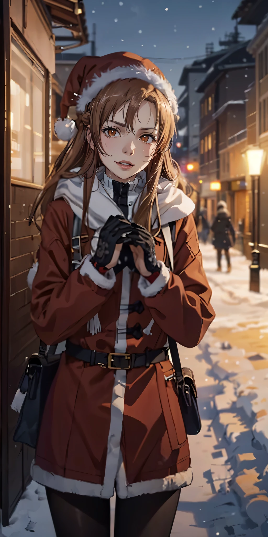 yuuki asuna, kizukiai, orang hair, brown eyes, medium breasts, long hair, braid, ((Anime,1woman,Best Quality), (Highly Detailed 8K Background, Best Shadow), Highly Detailed, (Beautiful Detailed Eyes), ((Winter Clothes, Daylight, Winter))), (Cowboy Shot), Anime, City, Best Quality High detail, 4K, santa hat