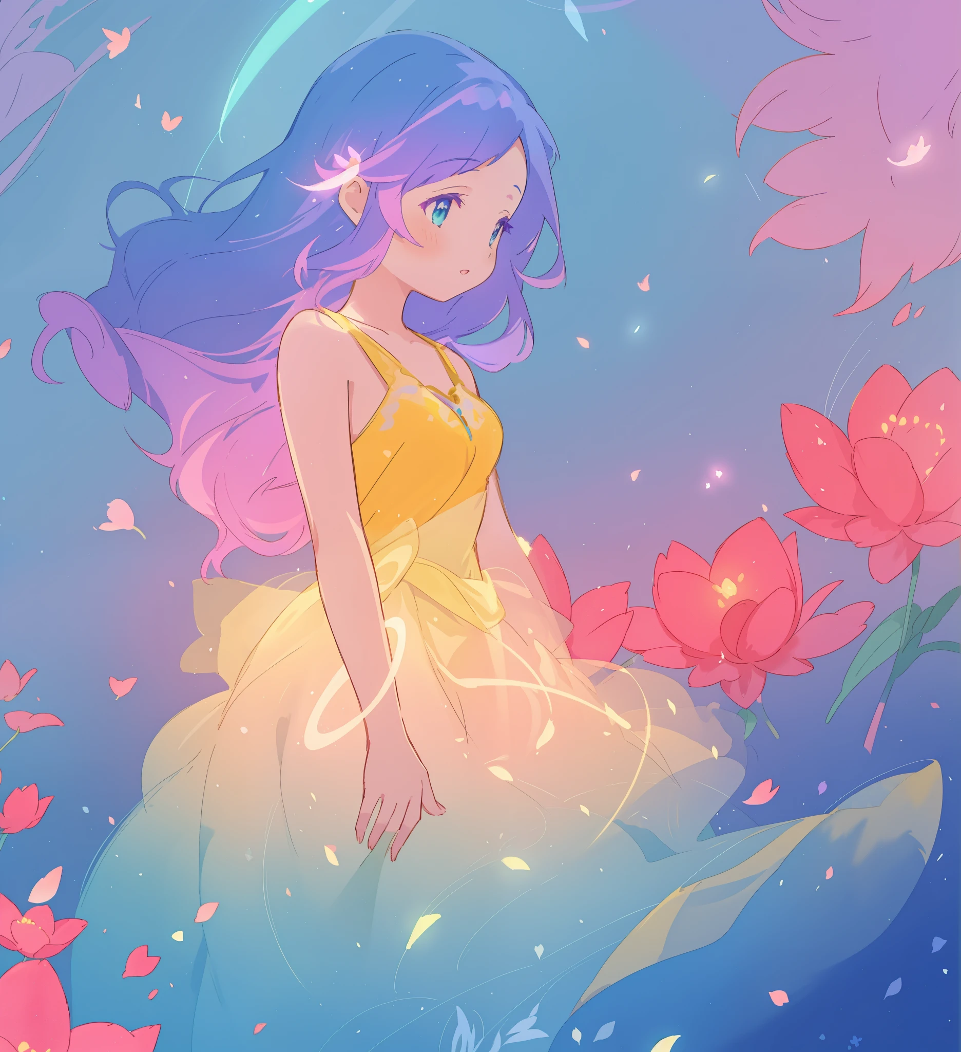beautiful girl in yellow mint gradient flowing dress, long flowing blue purple hair, colorful fantasia background, watercolor illustration, disney art style, glowing aura around her, glowing lights, beautiful digital illustration, fantasia otherworldly landscape plants flowers, beautiful, masterpiece, best quality, anime disney style