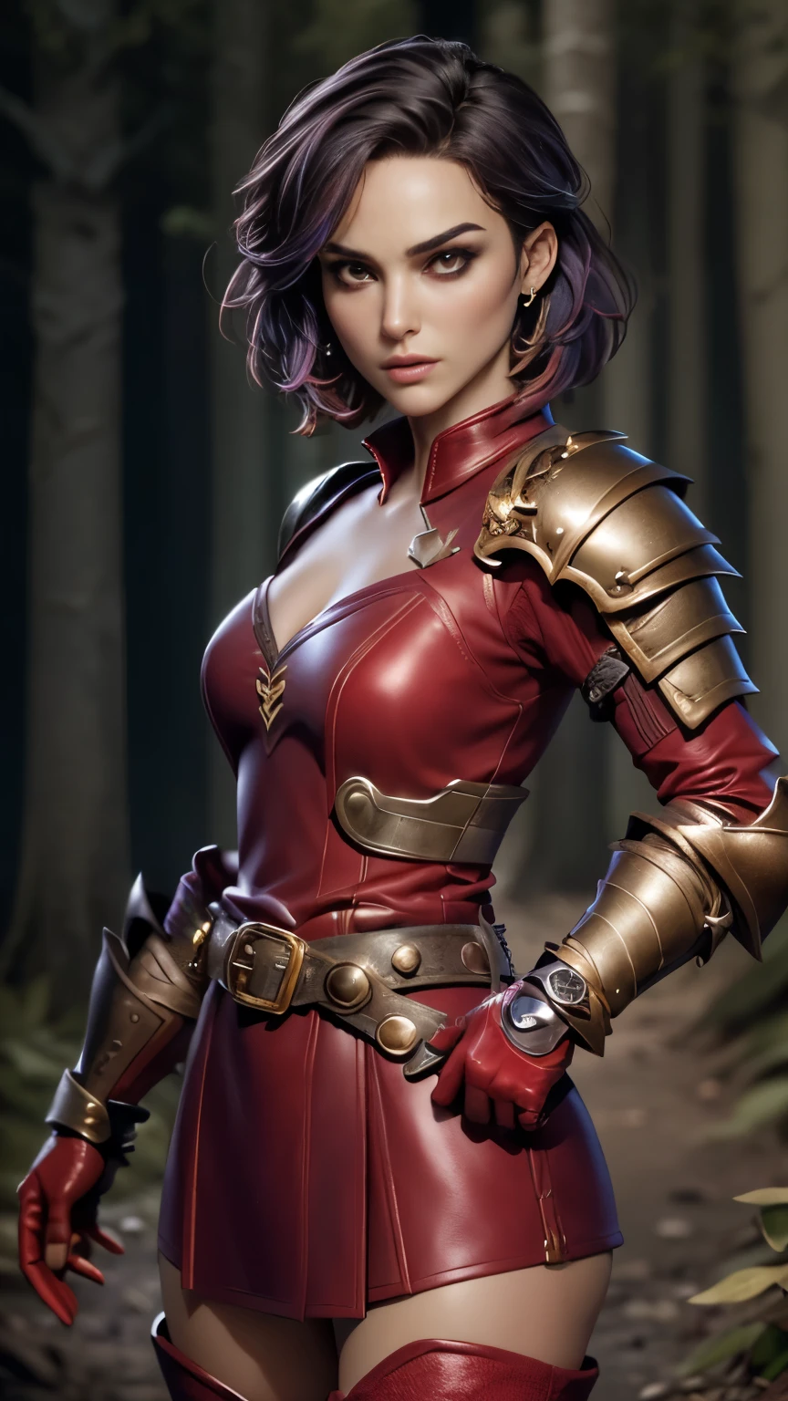 photo of celebrity, RAW, beautiful woman, ((portrait)), ((detailed face, colorful rainbow hair:1.2)), ((detailed facial feature, detailed skin, clear skin, parted lips), (perfect proportioned body, medium breasts), ((wearing armor, red dress, belt, gauntlets, gloves, armored boots: 1.5)), (high detailed dark forest: 1.3), (realistic photo, best quality, detailed), (8k wallpaper), (cinematic lighting, dramatic lighting) (sharp focus, intricate)