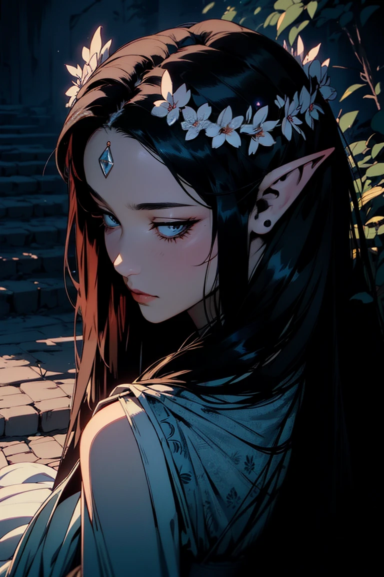 { - anatomy error}(Masterpiece - Ultra-detailed, very high resolution)moonlight, hyper-realistic of a mysterious woman with flowing black hair, ears of elf, piercing opal eyes, and a delicate floral crown, delicate smile, sitting on the ground, backwards, looking back, with chin on shoulder
