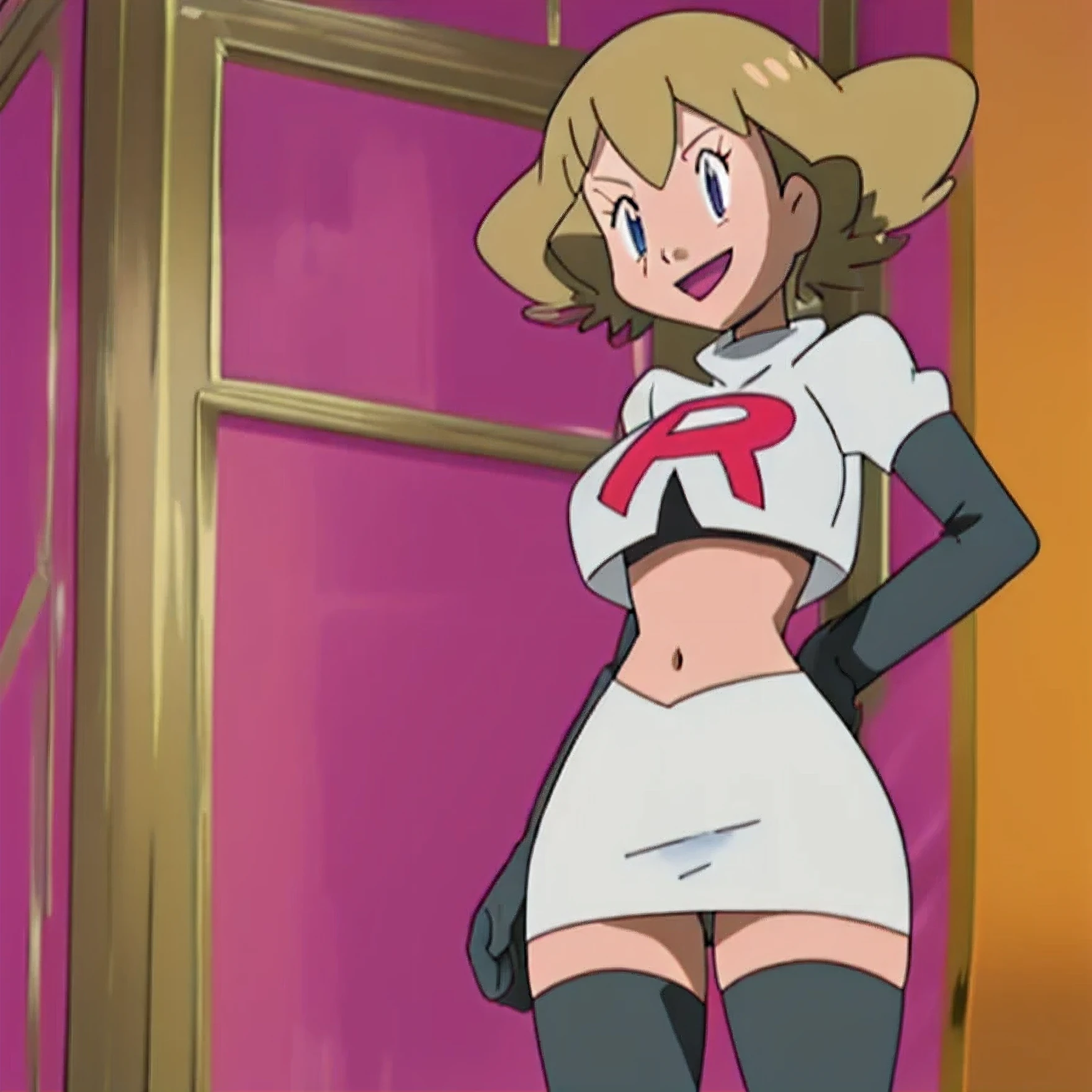 8k,1girl in, (solo:1.1), (perfect body:1.1), (best quality:1.1), very large breast, team rocket, team rocket uniform, red letter r, white skirt,white crop top,black thigh-high boots, black elbow gloves, smiling, looking down at viewer, hands on hips,zettai ryouiki,cowboy shot