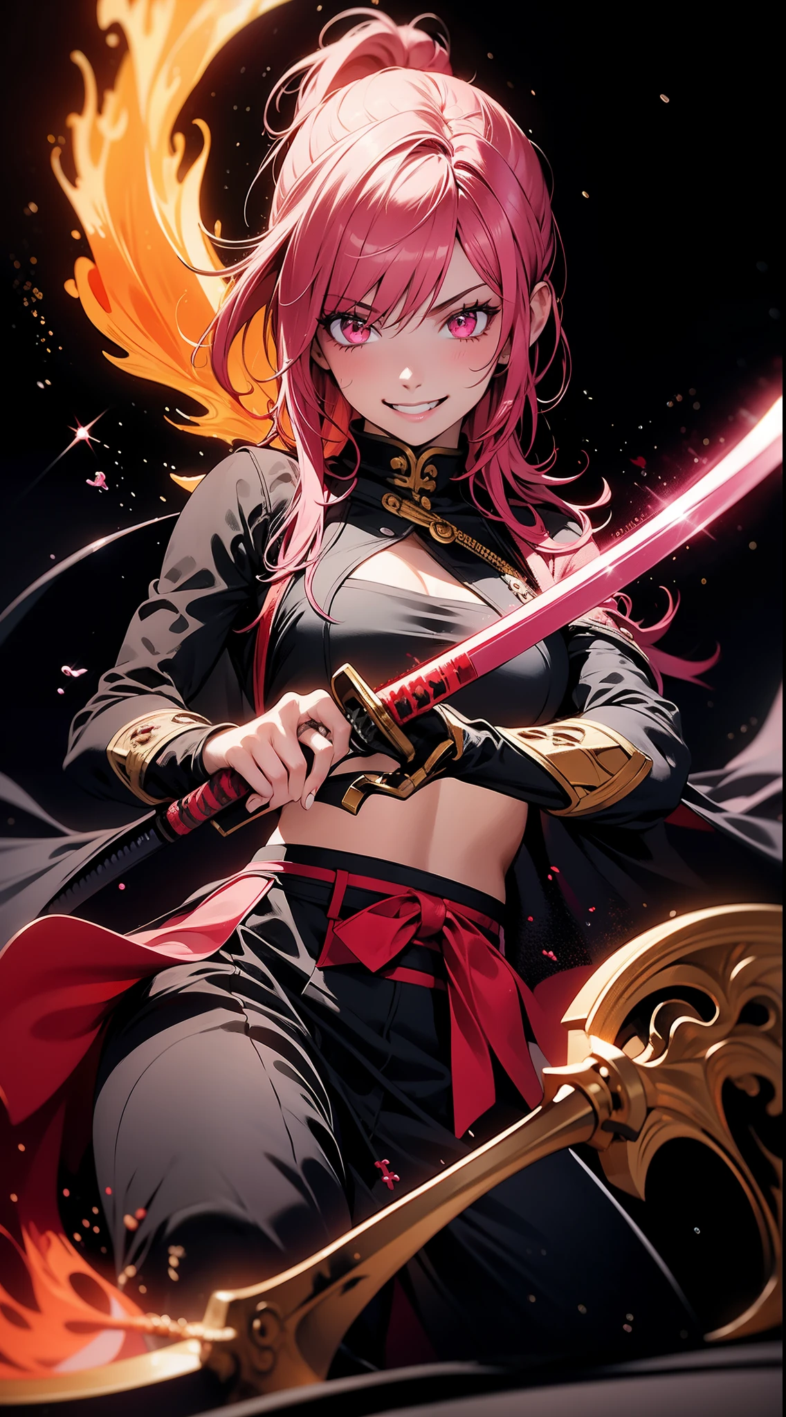 better hands, better fingers, ultra detailed face, perfect smile, five fingers, perfect hands holding a katana, flame blade, pink hair