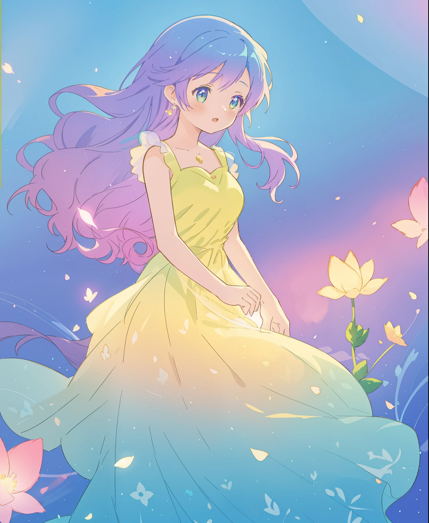 beautiful girl in yellow mint gradient flowing dress, long flowing blue purple hair, colorful fantasia background, watercolor illustration, disney art style, glowing aura around her, glowing lights, beautiful digital illustration, fantasia otherworldly landscape plants flowers, beautiful, masterpiece, best quality, anime disney style