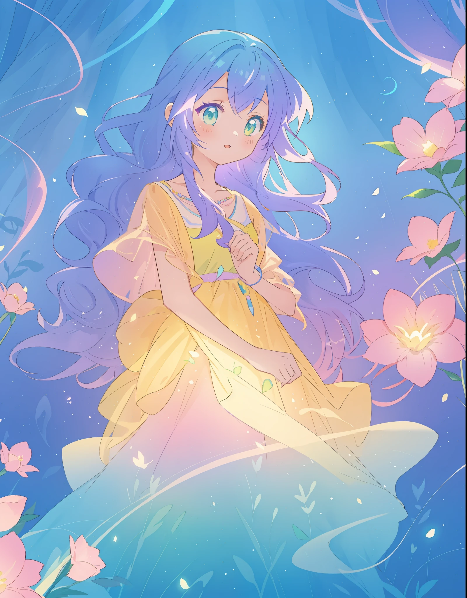 beautiful girl in yellow mint gradient flowing dress, long flowing blue purple hair, colorful fantasia background, watercolor illustration, disney art style, glowing aura around her, glowing lights, beautiful digital illustration, fantasia otherworldly landscape plants flowers, beautiful, masterpiece, best quality, anime disney style
