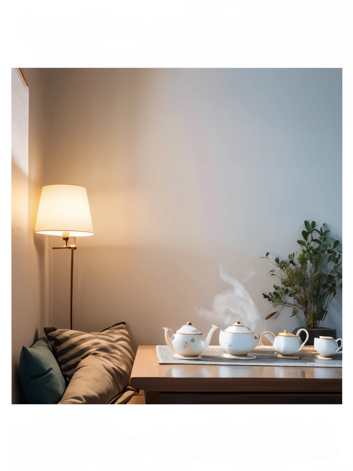 
Rough surface, irregular shape, hand-painted flat patterns, ambient lighting, teapot on a cushion, tea in the teacup, steam rising from the tea，“The best quality”, “masterpiece”, “detailed”，High detail，hyper quality，product view，bedroom，Highly detailed，Painting