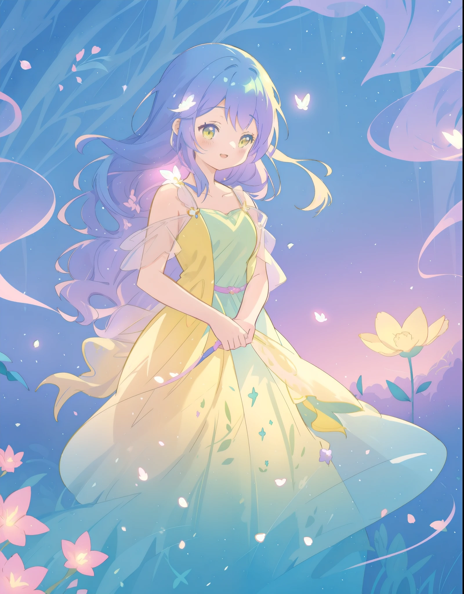 beautiful girl in yellow mint gradient flowing dress, long flowing blue purple hair, colorful fantasia background, watercolor illustration, disney art style, glowing aura around her, glowing lights, beautiful digital illustration, fantasia otherworldly landscape plants flowers, beautiful, masterpiece, best quality, anime disney style