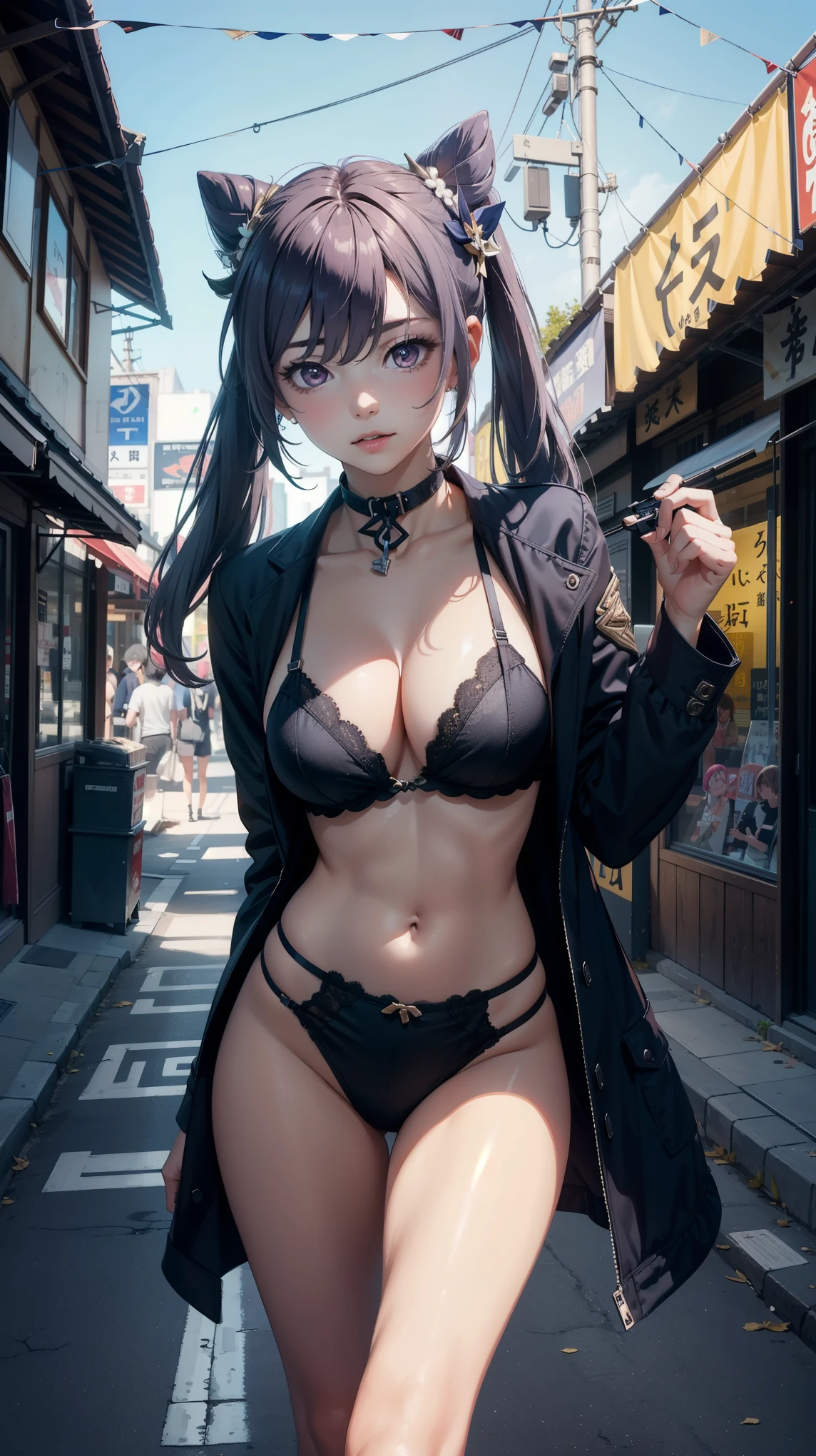 Masterpiece, high quality, 8k, ultra detail, 1 girl, ((keqingrnd)) standing, night tokyo,outdoors, (large breast), cleavage, (lingerie:1), navel, (coat), Exhibitionism