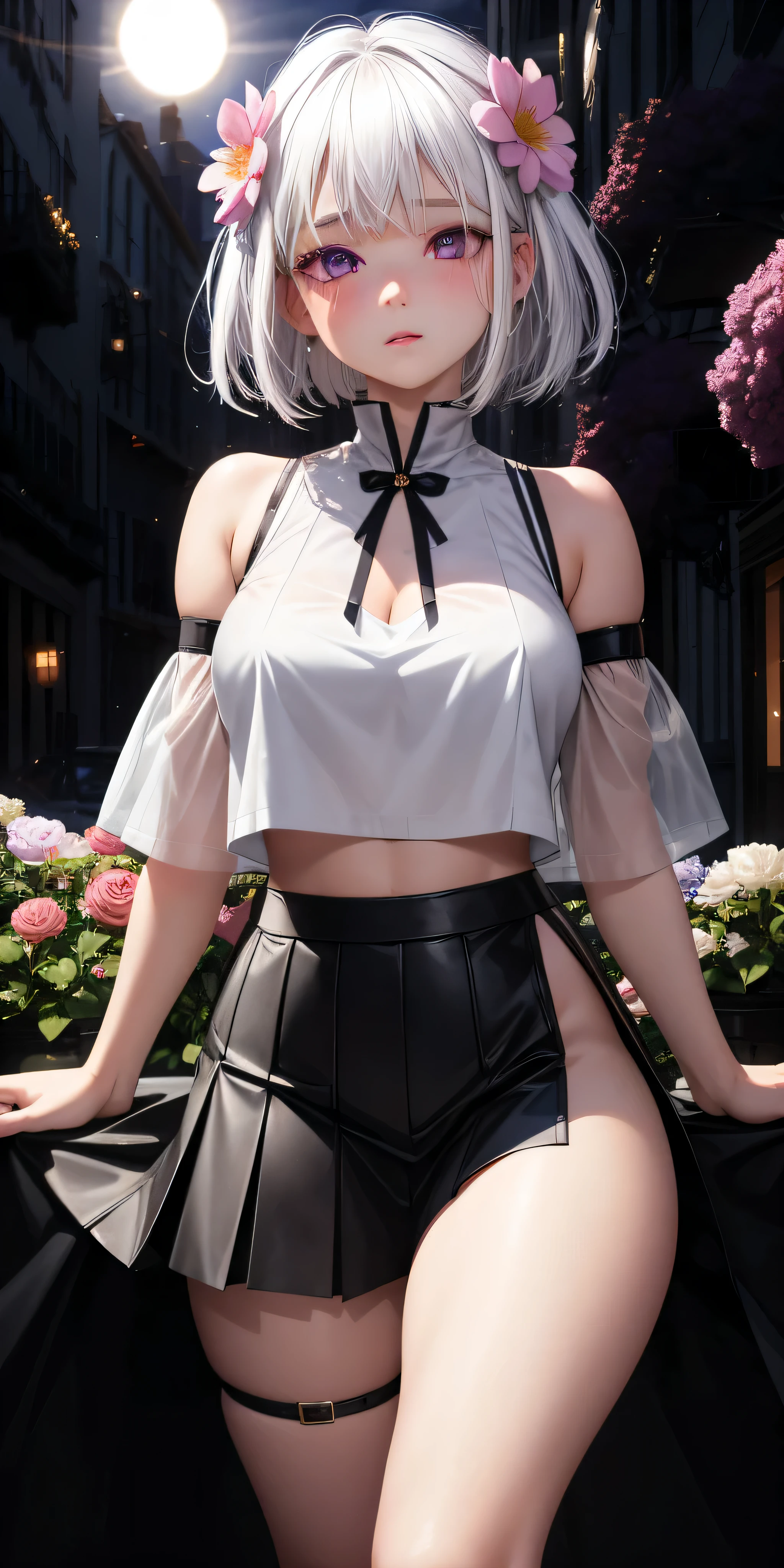 actual, 1 girl, white hair, purple eyes, glowing eyes, crop top, skirt, open lips, blush, night, flowers, sun, sunlight,glowing eyes