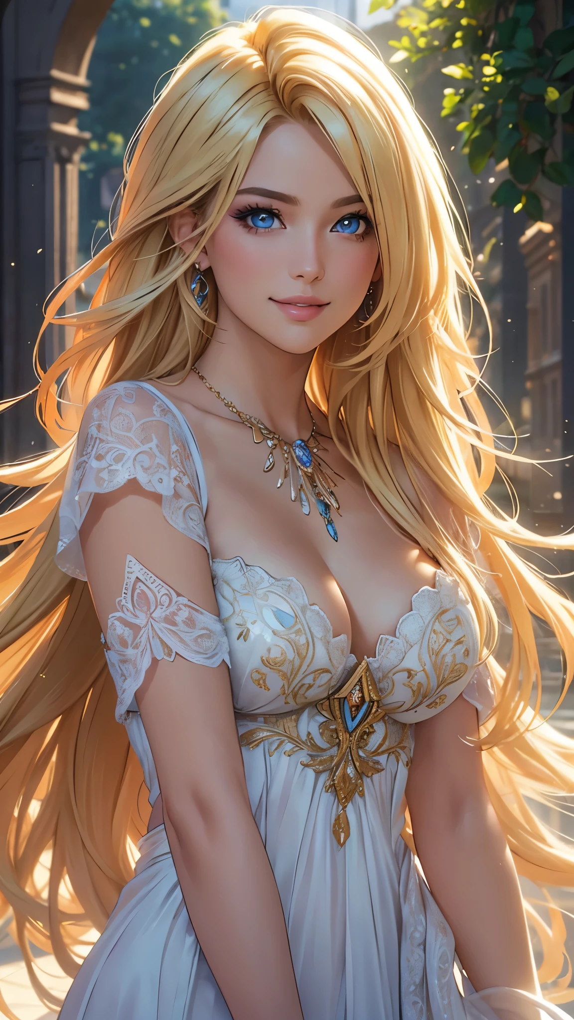 (best quality,ultra-detailed,photo-realistic:1.37),bright and vibrant colors,studio lighting,playful expression,stylish makeup,long blonde hair flowing in the wind,alluring eyes,glossy lips,sexy pose, Italy, 2024, smiling in a confident and seductive way,posing for a professional photoshoot,shallow depth of field,highlighting the main subject,soft natural lighting,creating a dreamy and magical atmosphere.