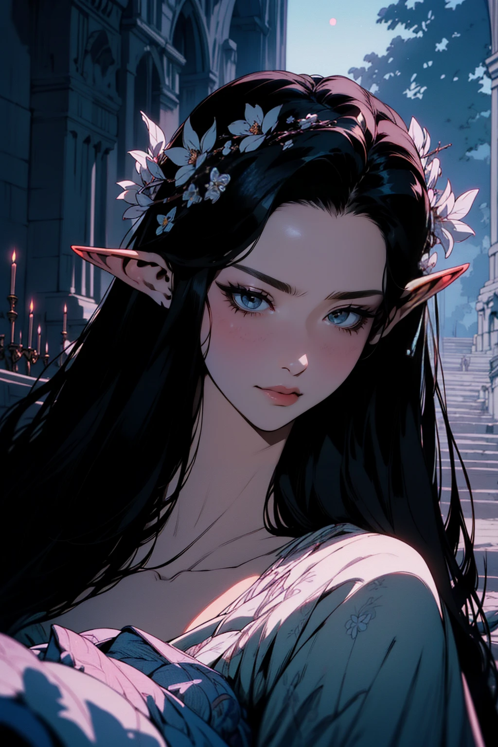 { - anatomy error}(Masterpiece - Ultra-detailed, very high resolution)moonlight, hyper-realistic of a mysterious woman with flowing black hair, ears of elf, piercing opal eyes, and a delicate floral crown, delicate smile, sitting on the ground, backwards, looking back, with chin on shoulder, whole body