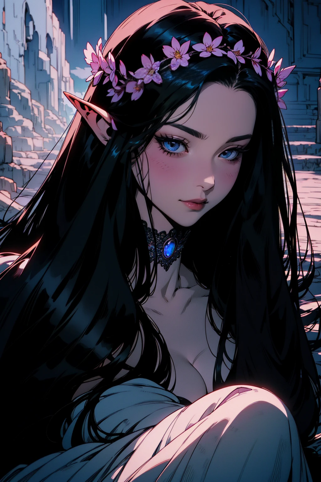 { - anatomy error}(Masterpiece - Ultra-detailed, very high resolution)moonlight, hyper-realistic of a mysterious woman with flowing black hair, ears of elf, piercing opal eyes, and a delicate floral crown, delicate smile, sitting on the ground, backwards, looking back, with chin on shoulder, whole body