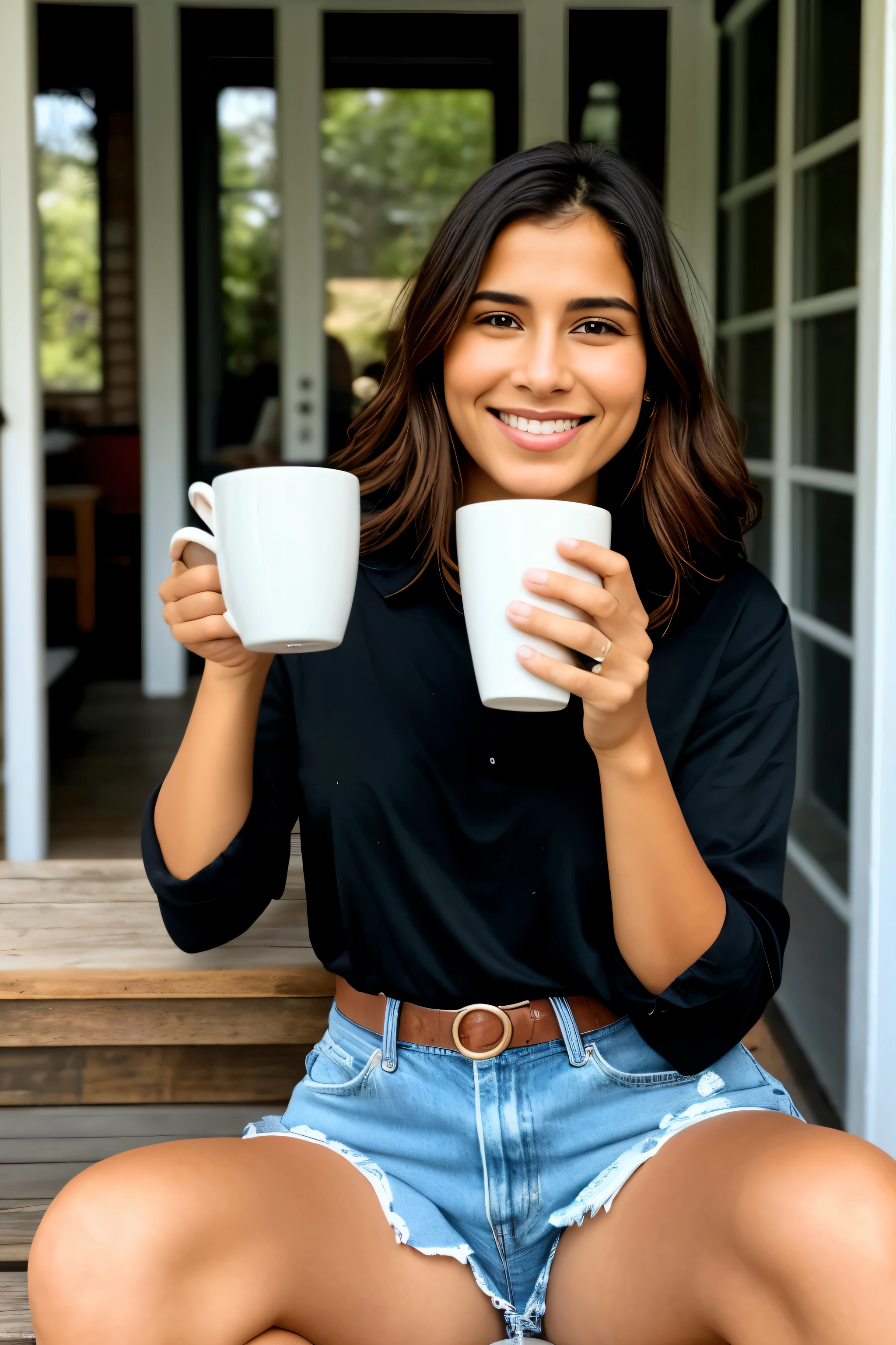 a beautiful woman sitting in front of her house drinking coffee with her left and right hands, ela usa seu smartphone