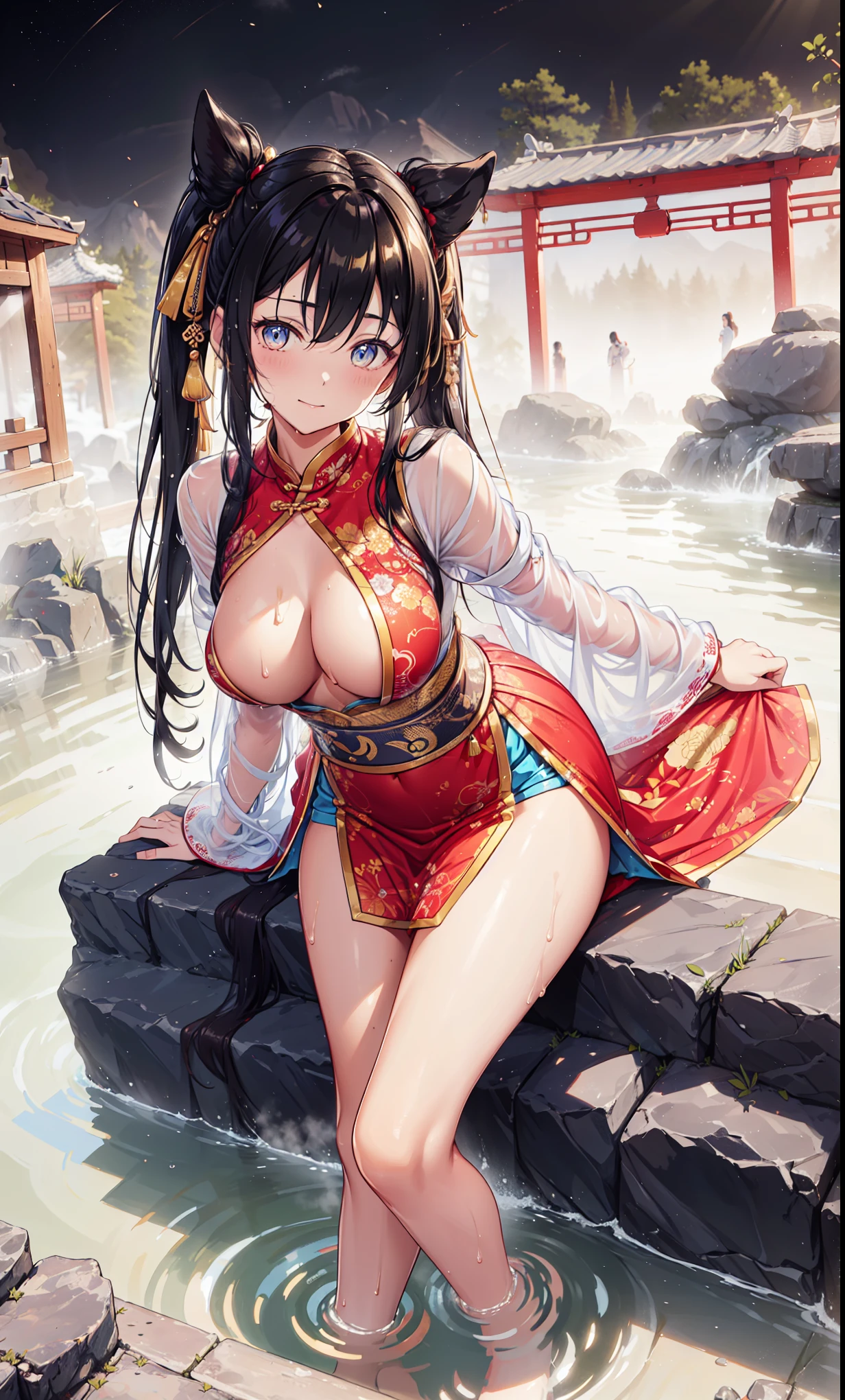 top quality，best resolution，(Black and gold embroidered cheongsam），Super detailed, She has twin tails，20-year-old young girl，light eyes，she has earrings, wealth，gorgeous，Vision, Vision，Elegant and charming，Mildly curvy figure，((Sheer transparent skirt)),((soaking wet，Adjacent to ancient Chinese hot springs))，night，little lighting，posture