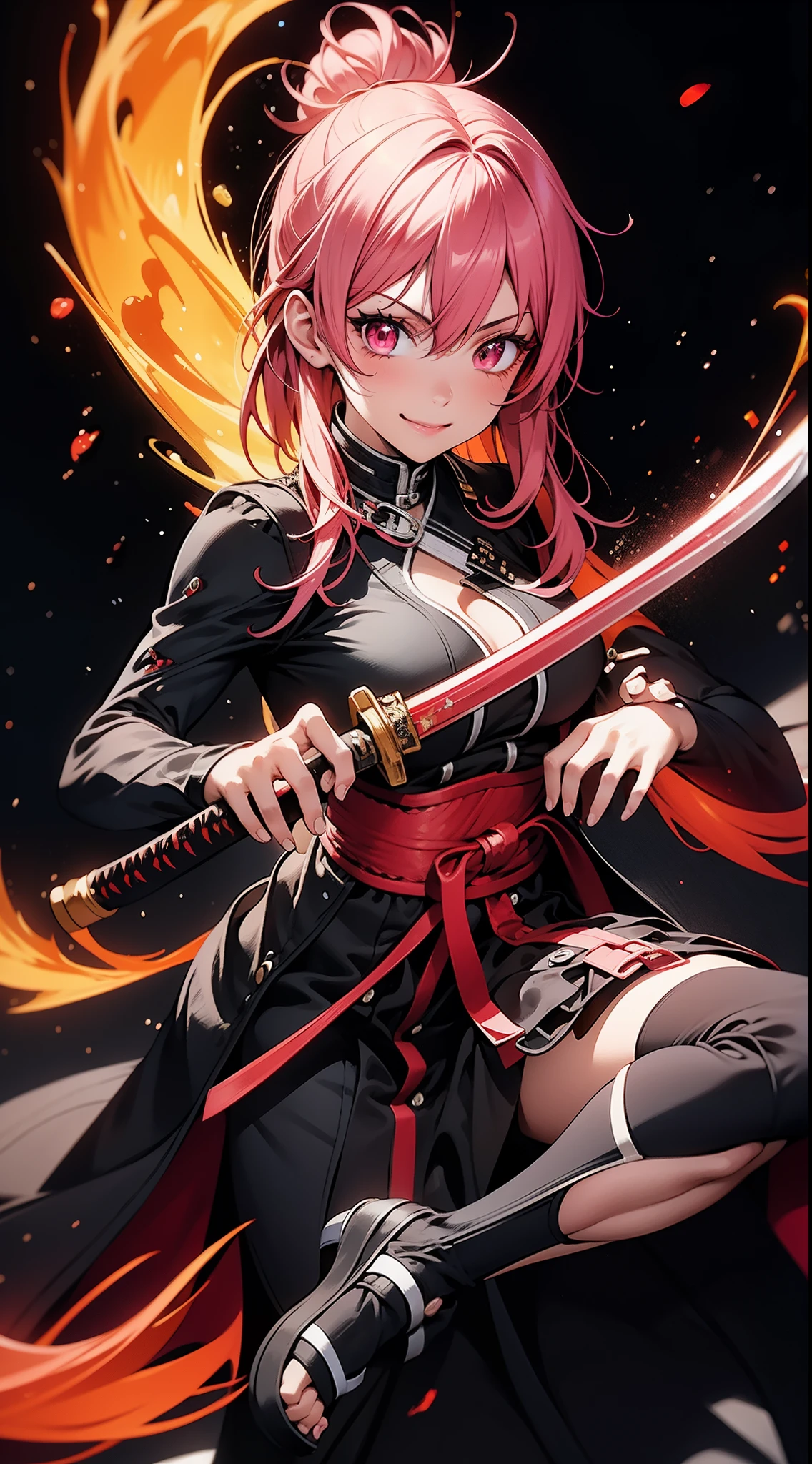better hands, better fingers, ultra detailed face, perfect smile, five fingers, perfect hands holding a katana, flame blade, pink hair