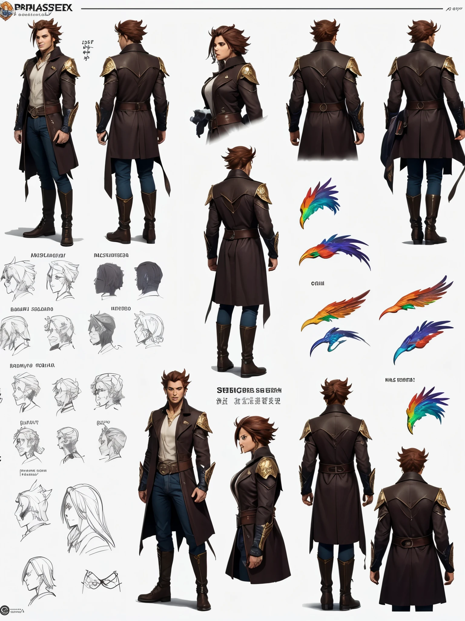 (masterpiece, best quality), best resolution, (character design sheet, same character, front, side, back), rainbow phoenix