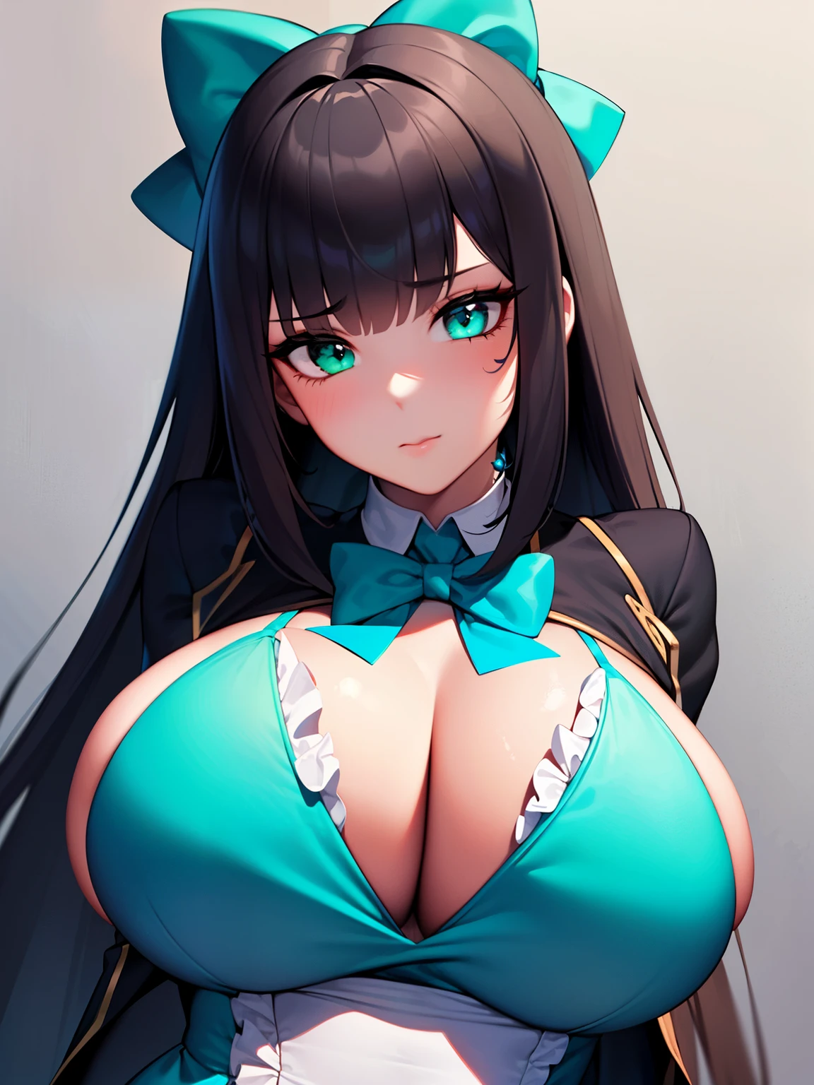 (8K, Best quality, tmasterpiece:1.2),\(eye detailed\),(\(Clothes detail details\)\),full bodyesbian,(huge ),(Facial focus) ,Very detailed CG unity 8K wallpaper,hugefilesize,ultra - detailed,A high resolution,absurderes,beautidful eyes,Ray traching,dramatic shadow,finely detailled,Dramatic angles,Hyper-detailing,(1 girl:1.3),(Solo),,Matmale,Long hair black,Green eyes,Wearing(cosplaying_magical girl,very cute turquoise dress with ruffles,Large Ribbon Bow Tie Back),